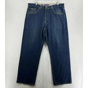 LRG Jeans Men's Sz 38 Blue Baggy High-Rise Straight Leg Embroidered Denim